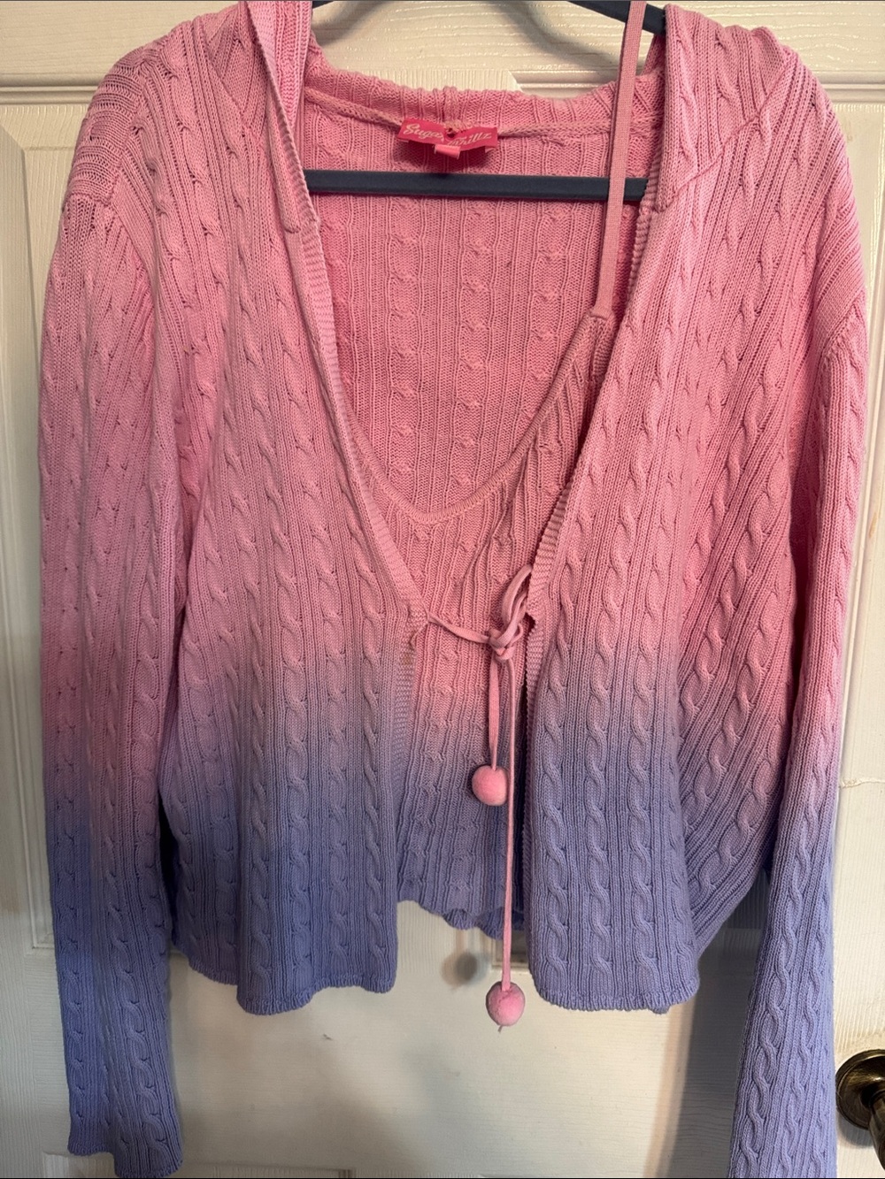 Sugar Thrillz Pink to Lavender Cable-Knit V-Neck Hooded Sweater